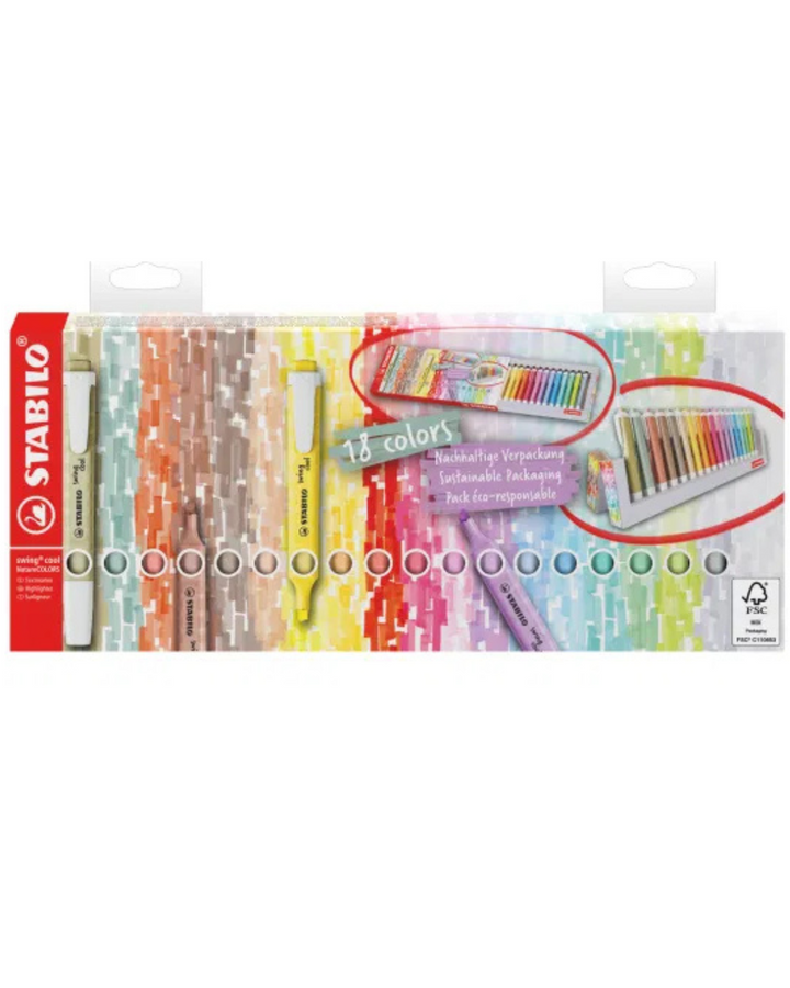 Ensemble de 18 - Surligneurs Swing cool - 12 Couleurs Pastel & 6 Couleurs nature