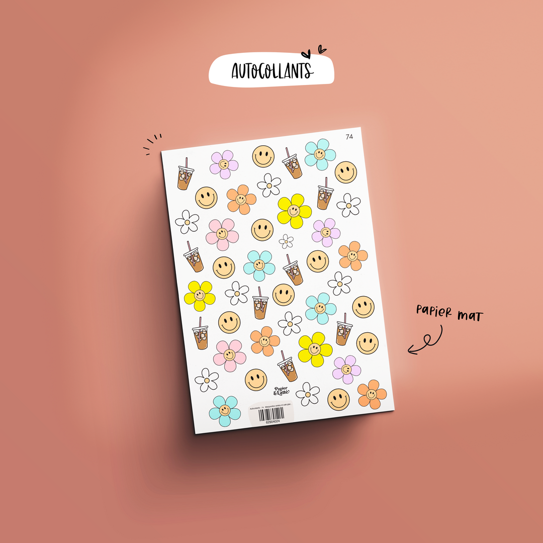 Autocollants - 74. Marguerites smiley et café glacé / Stickers