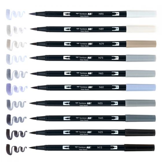 Stylo-pinceau double embout - Nuances de gris - Ensemble de 10