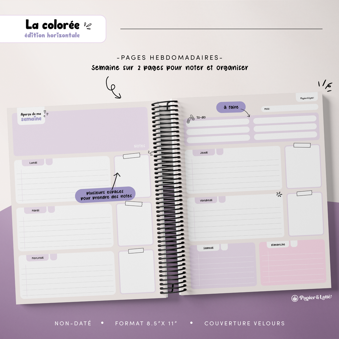 Agenda 8,5 x 11 po - Hebdomadaire non-daté - La Colorée Horizontale - 07