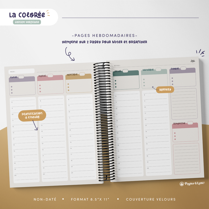 Agenda 8,5 x 11 po - Hebdomadaire non-daté - La Colorée Verticale - 01