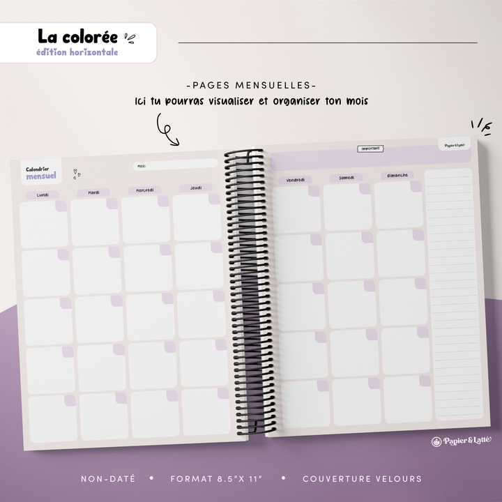 Agenda 8,5 x 11 po - Hebdomadaire non-daté - La Colorée Horizontale - 07