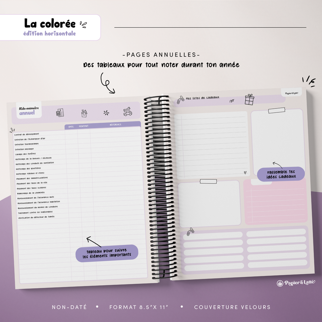 Agenda 8,5 x 11 po - Hebdomadaire non-daté - La Colorée Horizontale - 07