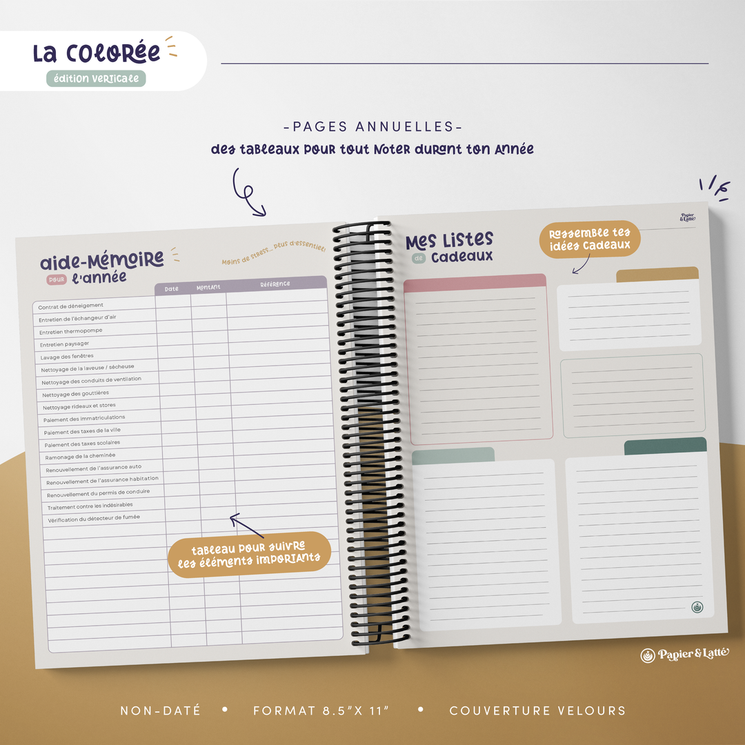 Agenda 8,5 x 11 po - Hebdomadaire non-daté - La Colorée Verticale - 01