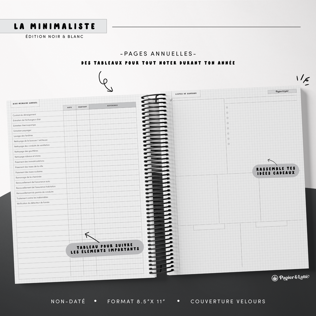 Agenda 8,5 x 11 po - Hebdomadaire non-daté - La Minimaliste - 06