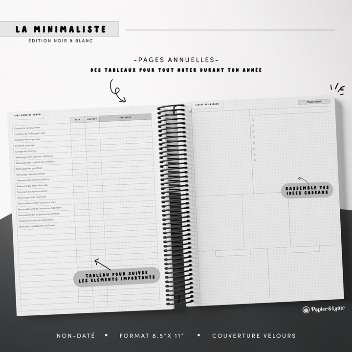 Agenda 8,5 x 11 po - Hebdomadaire non-daté - La Minimaliste - 06
