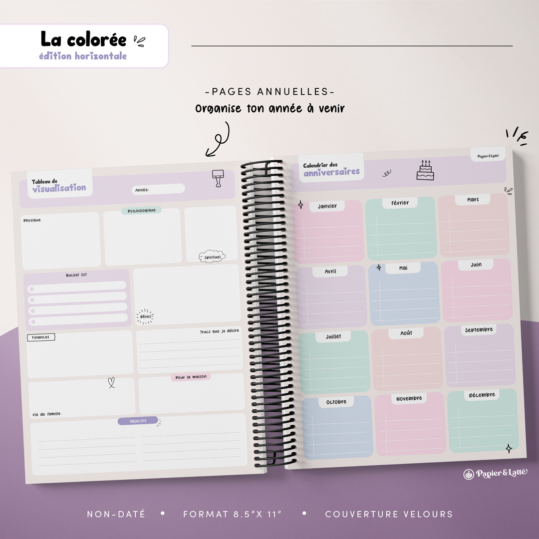 Agenda 8,5 x 11 po - Hebdomadaire non-daté - La Colorée Horizontale - 07
