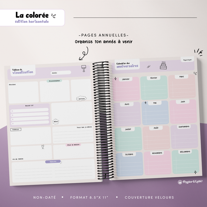 Agenda 8,5 x 11 po - Hebdomadaire non-daté - La Colorée Horizontale - 07