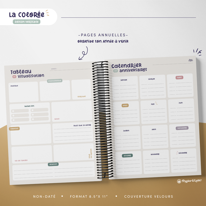 Agenda 8,5 x 11 po - Hebdomadaire non-daté - La Colorée Verticale - 01