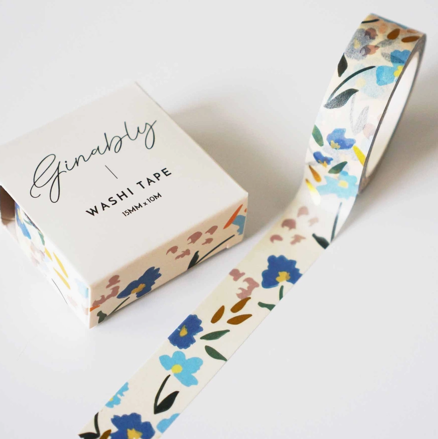 Ruban Washi Tape - Floral bleu