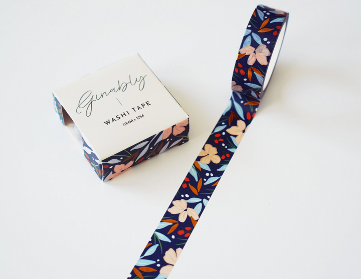 Ruban Washi Tape - Floral bleu marine