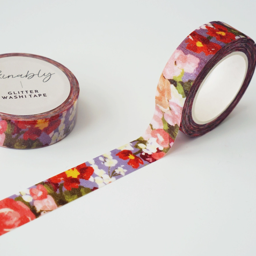 Ruban Washi Tape - Floral à paillettes bleues