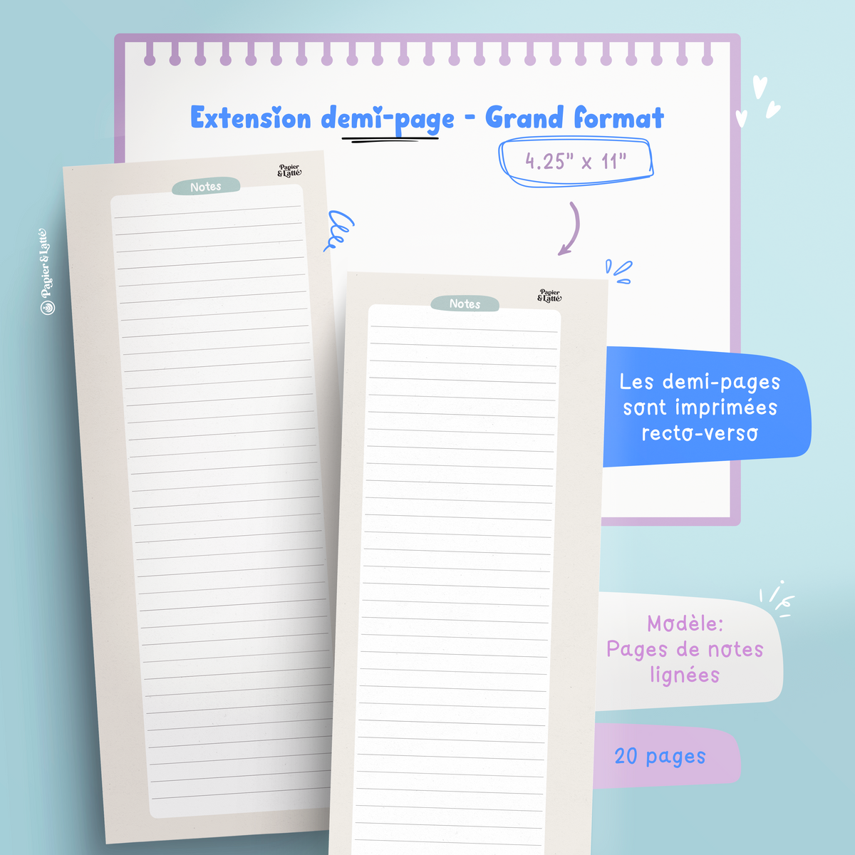 Extension – Notes - Demi-page - Non troué / Non boudiné – Papier & Latté