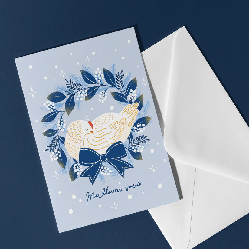 Carte de souhaits - Couronne hivernale - Poule - illustrée par Fermette et Gribouillis (enveloppe incluse)