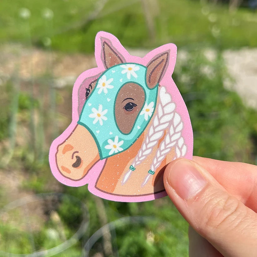 Autocollant en vinyle - Cheval masque marguerite - Illustré par Fermette et Gribouillis