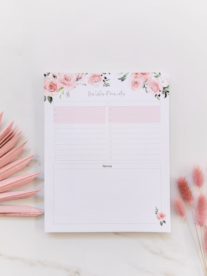 Listes et notes fleurs rose - GRAND Bloc-notes