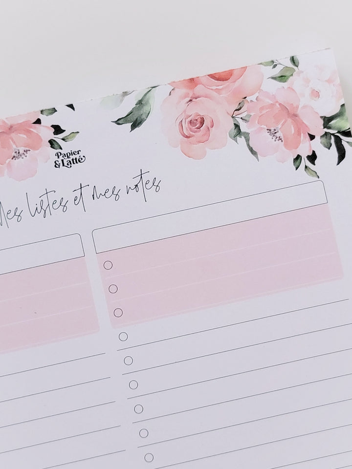 Listes et notes fleurs rose - GRAND Bloc-notes